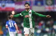 30 June 2016; Sean Maguire of Cork City celebrates after scoring his side's first goal of the game during the UEFA Europa League First Qualifying Round 1st Leg game between Linfield and Cork City at Windsor Park in Belfast. Photo by Ramsey Cardy/Sportsfile