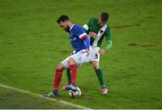 30 June 2016; Ross Gaynor of Linfield is tackled by Daniel Morrissey of Cork City during the UEFA Europa League First Qualifying Round 1st Leg game between Linfield and Cork City at Windsor Park in Belfast. Photo by Ramsey Cardy/Sportsfile
