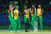 30 June 2016; Sohail Tanvir, second from right, and the Guyana Amazon Warriors celebrate the wicket of Lendl Simmons during Match 2 of the Hero Caribbean Premier League between St Kitts & Nevis Patriots and Guyana Amazon Warriors at Warner Park in Basseterre, St Kitts. Photo by Ashley Allen/Sportsfile
