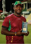 30 June 2016; Dwayne Smith of Guyana Amazon Warriors poses with his man of the match award following Match 2 of the Hero Caribbean Premier League between St Kitts & Nevis Patriots and Guyana Amazon Warriors at Warner Park in Basseterre, St Kitts. Photo by: Ashley Allen/Sportsfile