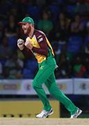 30 June 2016; Martin Guptill of Guyana Amazon Warriors celebrates catching Faf Du Plessis during Match 2 of the Hero Caribbean Premier League between St Kitts & Nevis Patriots and Guyana Amazon Warriors at Warner Park in Basseterre, St Kitts. Photo by: Ashley Allen/Sportsfile