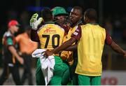 30 June 2016; Guyana Amazon Warriors celebrate victory during Match 2 of the Hero Caribbean Premier League between St Kitts & Nevis Patriots and Guyana Amazon Warriors at Warner Park in Basseterre, St Kitts. Photo by: Ashley Allen/Sportsfile