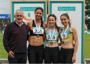 25 June 2016; Ireland Olympic Team Manager, Patsy McGonagle, with Womens Triple Jump medallists, from left, Ausra Jerumbauskyte of Clonliffe Harriers A.C,, silver, Saragh Buggy of St Abbans A.C., gold, and Laura Saulters of North Down A.C., bronze, during the GloHealth National Senior Track & Field Championships at Morton Stadium in Santry, Co Dublin. Photo by Sam Barnes/Sportsfile