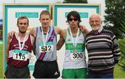 25 June 2016; Former Olympian Danny McDaid, with Mens 10000m medallists, from left, Mark Christie of Mullingar Harriers A.C., silver, Brandon Hargreaves of Dundrum South Dublin A.C., gold, and Mick Clohisey of Raheny Shamrock A.C., bronze, during the GloHealth National Senior Track & Field Championships at Morton Stadium in Santry, Co Dublin. Photo by Sam Barnes/Sportsfile
