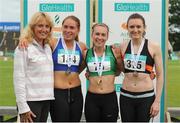25 June 2016; Athletics Ireland's Chair of High Performance Brid Golden with Womens 200m medallists, from left, Catherine McManus of Dublin City Harriers, silver, Niamh Whelan of Ferrybank A.C., gold, and Leah Moore of Clonliffe Harriers A.C., bronze, during the GloHealth National Senior Track & Field Championships at Morton Stadium in Santry, Co Dublin. Photo by Sam Barnes/Sportsfile