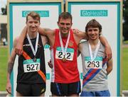 25 June 2016; Mens 3000m Steeplechase medallists, from left, David Flynn of Clonliffe Harriers A.C., silver, Rory Chesser of Ennis Track A.C., gold, and Emmet Jennings of Dundrum South Dublin A.C., bronze, during the GloHealth National Senior Track & Field Championships at Morton Stadium in Santry, Co Dublin. Photo by Sam Barnes/Sportsfile