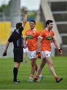 2 July 2016; Aaron Findon, right, of Armagh is shown a red card and sent off by referee Pádraig O’Sullivan during the GAA Football All-Ireland Senior Championship Round 1A Refixture at O'Moore Park in Portlaoise, Co. Laois. Photo by Sportsfile