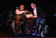 2 July 2016; Oliver Murphy from Drogheda, Co. Louth, pictured receiving the Paralympian Recognition award from President of Paralympics Ireland James Gradwell at the Paralympics Ireland More Than Sport fundraising ball. The event was held in order to raise vital funds for the Irish team on the road to Rio 2016 at the Ballsbridge Hotel in Dublin. Photo by Sportsfile