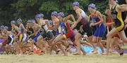 15 August 2010; Athletes, including Laura Casey, Ireland, 15, sprint off the startline during the women's triathlon event. Laura finished in 9th position, in a time of 1:02:40.87. 2010 Youth Olympic Games, East Coast Park, Singapore.