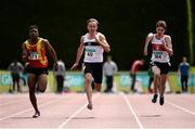 2 July 2016; Sean Lawlor of Donore Harriers, 49, on his way to winning the Junior Men 100m final, ahead of Joseph Ojewumi of Tallaght A.C., 171, and Cillin Greene of Galway City Harriers, 364, during the GloHealth National Junior and U23 Track & Field Championships at Tullamore Harriers Stadium in Tullamore, Offaly. Photo by Sam Barnes/Sportsfile