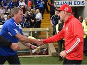 3 July 2016; Cavan manager Terry Hyland, left, shakes hands with Tyrone manager Mickey Harte following the Ulster GAA Football Senior Championship Semi-Final Replay between Tyrone and Cavan at St Tiemach's Park in Clones, Co Monaghan. Photo by Ramsey Cardy/Sportsfile
