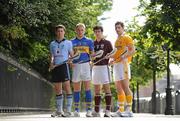 17 August 2010; Oisin Gough of Dublin, Noel McGrath of Tipperary, Galway’s David Burke and Antrim captain Cormac Donnelly ahead of the back to back Bord Gáis Energy GAA Hurling All-Ireland Semi-Final clashes which take place as a double header at O’Connor Park in Tullamore on Saturday next. Tipperary will play Antrim at 4pm while Leinster champions Dublin will take on Galway at 6pm. St. Stephen's Green, Dublin. Picture credit: Brendan Moran / SPORTSFILE