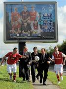 18 August 2010; Lord Mayor of Dublin Councillor Gerry Breen, with from left, David McGill, Shelbourne, Fran Gavin, Director of the Airtricity League, Ken Oman, Bohemians, and Ian Birmingham, St. Patrick's Athletic, at the launch of the Dublin City Council European City of Sport billboard campaign to promote Airtricity League football in the city. Malahide Road, Dublin. Picture credit: Brian Lawless / SPORTSFILE