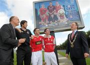 18 August 2010; Lord Mayor of Dublin Councillor Gerry Breen, with from left, Fran Gavin, Director of the Airtricity League, Ken Oman, Bohemians, David McGill, Shelbourne, and Ian Birmingham, St. Patrick's Athletic, at the launch of the Dublin City Council European City of Sport billboard campaign to promote Airtricity League football in the city. Malahide Road, Dublin. Picture credit: Brian Lawless / SPORTSFILE