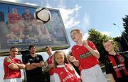 18 August 2010; Karl Kelly, age 11, from Swords, second from right, with from left, David McGill, Shelbourne, Ken Oman, Bohemians, Ian Birmingham, St. Patrick's Athletic, Jessica Tougher, age 7, from Clondalkin, and Jack Burke, age 7, from Stoneybatter, at the launch of the Dublin City Council European City of Sport billboard campaign to promote Airtricity League football in the city. Malahide Road, Dublin. Picture credit: Brian Lawless / SPORTSFILE