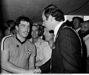 28 August 1983; Dublin's Joe McNally is congratulated by the Lord Mayor of Dublin Micheal Keating in the tunnel after the game All-Ireland Senior Football Championship Semi-Final Replay, Dublin v Cork, Páirc Uí Chaoimh, Cork. Picture credit: Ray McManus / SPORTSFILE