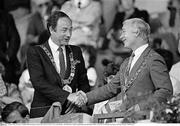 28 August 1983; Lord Mayor of Dublin Michael Keating, left, shakes hands with Lord Mayor of Cork, John Dennehy. All-Ireland Senior Football Championship Semi-Final Replay, Dublin v Cork, Páirc Uí Chaoimh, Cork. Picture credit: Ray McManus / SPORTSFILE
