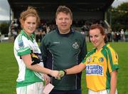 24 July 2010; Fermanagh captain Naoinhin Daly shakes hands with Leitrim captain Vanessa Daly, while referee Sean McIntyre looks on. Ladies Gaelic Football Minor B Shield All-Ireland Final, Leitrim v Fermanagh, Templeport GAA Grounds, Bawnboy, Co. Cavan. Picture credit: Ray McManus / SPORTSFILE
