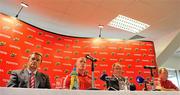 19 August 2010; A general view of the top table, from left to right, Garett Fitzgerald, Munster Rugby CEO, Paul O'Connell, Munster captain, David Shannon, Managing Director, Toyota Ireland, and Tony McGahan, Munster head coach, during a Munster media briefing ahead of their pre-season friendly against Leicester Tigers on Friday night. Munster Rugby Media Briefing, Thomond Park Stadium, Limerick. Picture credit: Diarmuid Greene / SPORTSFILE