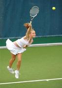 19 August 2010; Alison Clarke, from Donnybrook LTC, Dublin, serves to No.1 seed Sinead Lohan in the Girls Under 16 Singles Quarter-Finals, during the William Fry Junior Lawn Championships of Ireland 2010 in Fitzwilliam LTC, Dublin. Over 380 aspiring tennis champions from 32 counties are battling it out this week for 20 different Irish titles on offer. During the six days over 500 matches will be played at Fitzwilliam and the finals this weekend are open to the public. Fitzwilliam Lawn Tennis Club, Appian Way, Dublin. Picture credit: Brendan Moran / SPORTSFILE