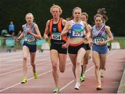 2 July 2016; Emma O'Brien of Sli Cualann A.C., 404, on her way to winning the Junior Womens 1500m, ahead of Abbie Taylor of Dundrum South Dublin A.C., 100, Aisling Joyce, Claremorris A.C., 329 and Sophie Murphy of Dundrum South Dublin, 119, during  the GloHealth National Junior and U23 Track & Field Championships at Tullamore Harriers Stadium in Tullamore, Offaly. Photo by Sam Barnes/Sportsfile