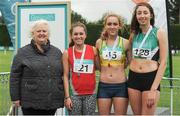 2 July 2016; Atheltics Ireland President Georgina Drumm, with U23 Women's High Jump medalists, from left, Anna McIlmoyle of City of Lisburn A.C., silver, Amy McTeggart of Boyne A.C., gold, and Sorcha Murphy of Ferrybank A.C., bronze, during the GloHealth National Junior and U23 Track & Field Championships at Tullamore Harriers Stadium in Tullamore, Offaly. Photo by Sam Barnes/Sportsfile