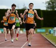 2 July 2016; Callum Crawford-Walker of Annadale Striders, right, celebrates winning the Junior Men's 800m ahead of Roland Surlis of Annalee A.C., during the GloHealth National Junior and U23 Track & Field Championships at Tullamore Harriers Stadium in Tullamore, Offaly. Photo by Sam Barnes/Sportsfile