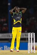 4 July 2016; Rovman Powell of Jamaica Tallawahs reacts during Match 7 of the Hero Caribbean Premier League between Trinbago Knight Riders and Jamaica Tallawahs at Queen's Park Oval, in Port of Spain, Trinidad. Photo by Randy Brooks/Sportsfile