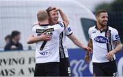 5 July 2016; David McMillan of Dundalk celebrates after scoring his side's third goal, and his hat-trick, with team-mates Daryl Horgan, left, and Darren Meenan, right, during the SSE Airtricity League Premier Division match between Dundalk and Longford Town at Oriel Park in Dundalk, Co Louth. Photo by Sportsfile