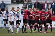 5 July 2016; Rhys Gannon of Longford, 3rd from right, is congratulated by team-mates after scoring his side's 3rd goal during the SSE Airtricity League Premier Division match between Dundalk and Longford Town at Oriel Park in Dundalk, Co Louth. Photo by Sportsfile