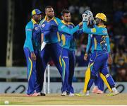 5 July 2016; Tridents celebrate the wicket of Jon-Jon Smuts during Match 8 of the Hero Caribbean Premier League between St Kitts & Nevis Patriots and Barbados Tridents at Warner Park in Basseterre, St Kitts. Photo by Ashley Allen/Sportsfile