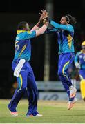 5 July 2016; Tridents players Kieron Pollard, left, and Imran Khan celebrate a wicket during Match 8 of the Hero Caribbean Premier League between St Kitts & Nevis Patriots and Barbados Tridents at Warner Park in Basseterre, St Kitts. Photo by Ashley Allen/Sportsfile