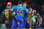 5 July 2016; Kieron Pollard and AB De Villiers take the Barbados Trident to victory during Match 8 of the Hero Caribbean Premier League between St Kitts & Nevis Patriots and Barbados Tridents at Warner Park in Basseterre, St Kitts. Photo by Ashley Allen/Sportsfile