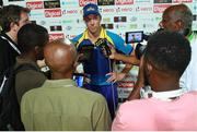 5 July 2016; Man of the match AB De Villiers answers questions from the local media after Match 8 of the Hero Caribbean Premier League between St Kitts & Nevis Patriots and Barbados Tridents at Warner Park in Basseterre, St Kitts. Photo by Ashley Allen/Sportsfile