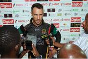 5 July 2016; Patriots captain Faf Du Plessis answers questions for the local media after Match 8 of the Hero Caribbean Premier League between St Kitts & Nevis Patriots and Barbados Tridents at Warner Park in Basseterre, St Kitts. Photo by Ashley Allen/Sportsfile
