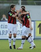 20 August 2010; Mark Quigley, Bohemians, is congratulated by Gareth McGlynn and Aaron Greene after scoring the opening goal. Airtricity League Premier Division, Dundalk v Bohemians Oriel Park, Dundalk, Co. Louth. Picture credit: Oliver McVeigh / SPORTSFILE