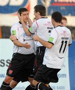 20 August 2010; Matthew Tipton, Dundalk, is congratulated by Stephen Maher and Ross Gaynor after scoring his side's first goal. Airtricity League Premier Division, Dundalk v Bohemians Oriel Park, Dundalk, Co. Louth. Picture credit: Oliver McVeigh / SPORTSFILE