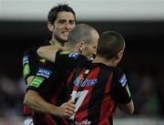 20 August 2010; Paul Keegan, Bohemians, centre, is congratulated by team-mates Gareth McGlynn and Conor Powell after scroing his side's second goal. Airtricity League Premier Division, Dundalk v Bohemians Oriel Park, Dundalk, Co. Louth. Picture credit: Oliver McVeigh / SPORTSFILE