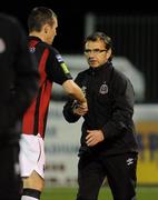 20 August 2010; Bohemian manager Pat Fenlon shakes hands with Brian Shelley after the final whistle. Airtricity League Premier Division, Dundalk v Bohemians Oriel Park, Dundalk, Co. Louth. Picture credit: Oliver McVeigh / SPORTSFILE