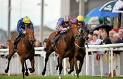 21 August 2010; Meow, centre, with Johnny Murtagh up, comes up to post ahead of Ladies Choice, left, with Ben Curtis up, and Moonlit Garden, with Pat Smullen up, during the The Grangecon Stud Stakes. Horse Racing, Curragh Racecourse, Co. Kildare. Picture credit: Barry Cregg / SPORTSFILE