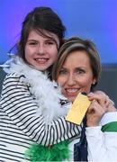 6 July 2016; Olive Loughnane of Ireland and her daughter Eimear with her gold medal for the Women's 20km Walk, from the 2009 IAAF World Championships in Berlin, that she was presented with retrospectively after previous gold medallist Olga Kaniskina of Russia was banned, during a victory ceremony on day one of the 23rd European Athletics Championships at the Olympic Stadium in Amsterdam, Netherlands. Photo by Brendan Moran/Sportsfile