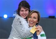 6 July 2016; Olive Loughnane of Ireland and her daughter Eimear with her gold medal for the Women's 20km Walk, from the 2009 IAAF World Championships in Berlin, that she was presented with retrospectively after previous gold medallist Olga Kaniskina of Russia was banned, during a victory ceremony on day one of the 23rd European Athletics Championships at the Olympic Stadium in Amsterdam, Netherlands. Photo by Brendan Moran/Sportsfile