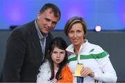 6 July 2016; Olive Loughnane of Ireland with husband Martin Corkery and daughter Eimear and her gold medal for the Women's 20km Walk, from the 2009 IAAF World Championships in Berlin, that she was presented with retrospectively after previous gold medallist Olga Kaniskina of Russia was banned, during a victory ceremony on day one of the 23rd European Athletics Championships at the Olympic Stadium in Amsterdam, Netherlands. Photo by Brendan Moran/Sportsfile