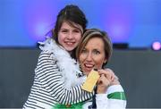 6 July 2016; Olive Loughnane of Ireland with daughter Eimear and her gold medal for the Women's 20km Walk, from the 2009 IAAF World Championships in Berlin, that she was presented with retrospectively after previous gold medallist Olga Kaniskina of Russia was banned, during a victory ceremony on day one of the 23rd European Athletics Championships at the Olympic Stadium in Amsterdam, Netherlands. Photo by Brendan Moran/Sportsfile