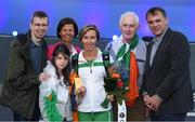 6 July 2016; Olive Loughnane of Ireland with her family, from left, brother Gerard, daughter Eimear, mother Teresa, father Matt and husband Martin Corkery, and her gold medal for the Women's 20km Walk, from the 2009 IAAF World Championships in Berlin, that she was presented with retrospectively after previous gold medallist Olga Kaniskina of Russia was banned, during a victory ceremony on day one of the 23rd European Athletics Championships at the Olympic Stadium in Amsterdam, Netherlands. Photo by Brendan Moran/Sportsfile