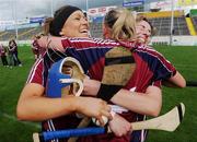 22 August 2010; Niamh Kilkenny, Galway, celebrates with her team-mates Heather Cooney, left, and Sandra Tannian, right, after the game. Gala All-Ireland Senior Camogie Championship Semi-Final Replay, Galway v Cork, Semple Stadium, Thurles, Co. Tipperary. Picture credit: Matt Browne / SPORTSFILE