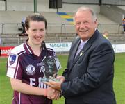 22 August 2010; Roisin Leonard, Galway, receives the Player of the Match award from Pat Quill, President, Cumann Peil Gael na mBan. All-Ireland Ladies Football U16A Shield Final, Laois v Galway, St Rynagh's, Banagher, Co. Offaly. Picture credit: Oliver McVeigh / SPORTSFILE