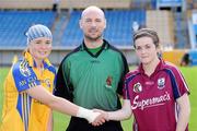 22 August 2010; Referee, Killian Looney with Chloe Morey, Clare, and Laura Donnellan, Galway. All-Ireland Minor A Camogie Championship Final, Galway v Clare, Semple Stadium, Thurles, Co. Tipperary. Picture credit: Matt Browne / SPORTSFILE