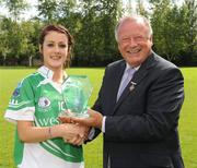 22 August 2010; Fermanagh captain Joanne Doonan, receives the Player of the Match award from Pat Quill, President, Cumann Peil Gael na mBan after the game. All-Ireland Ladies Football U16B Shield Final, Waterford v Fermanagh, St Rynagh's, Banagher, Co. Offaly. Picture credit: Oliver McVeigh / SPORTSFILE