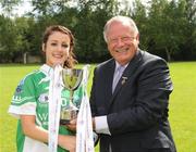 22 August 2010; Fermanagh captain Joanne Doonan, receives the cup from Pat Quill, President, Cumann Peil Gael na mBan after the game. All-Ireland Ladies Football U16B Shield Final, Waterford v Fermanagh, St Rynagh's, Banagher, Co. Offaly. Picture credit: Oliver McVeigh / SPORTSFILE